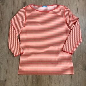 J. McLaughlin | Signature Tee Coral and White Striped 3/4 Length Shirt | Large